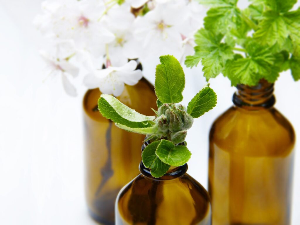 Essential oils in brown bottles with white flowers and green leaves on white background.