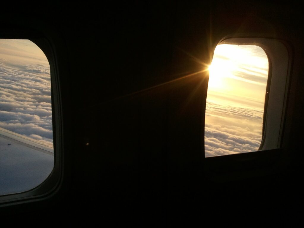 Landscape through the window on the plane.