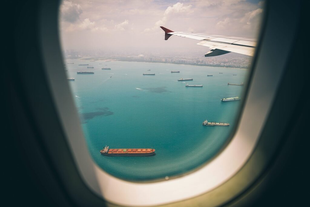 A view through the window of the plane.